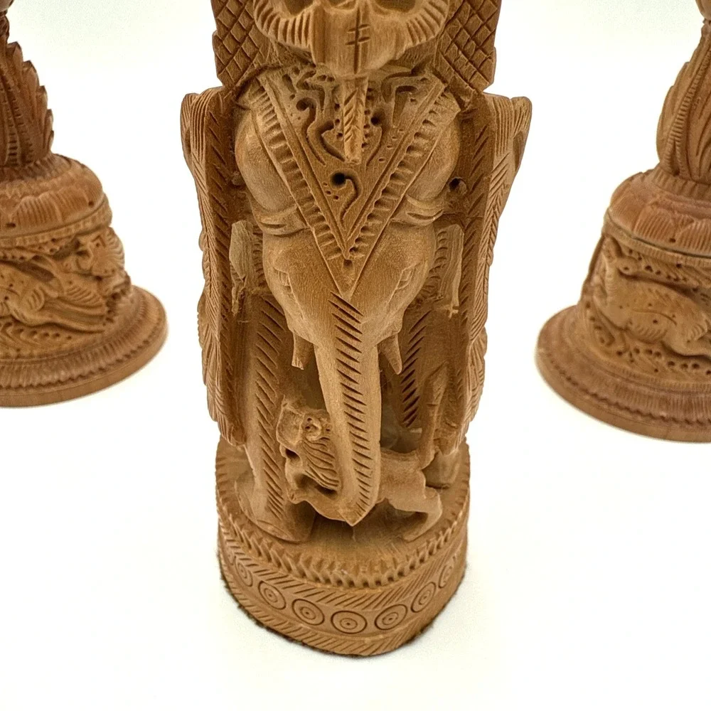 Pair Hand Carved‎ Wooden Flower Bud Vase Elephants Lions Home Garden Decor Art